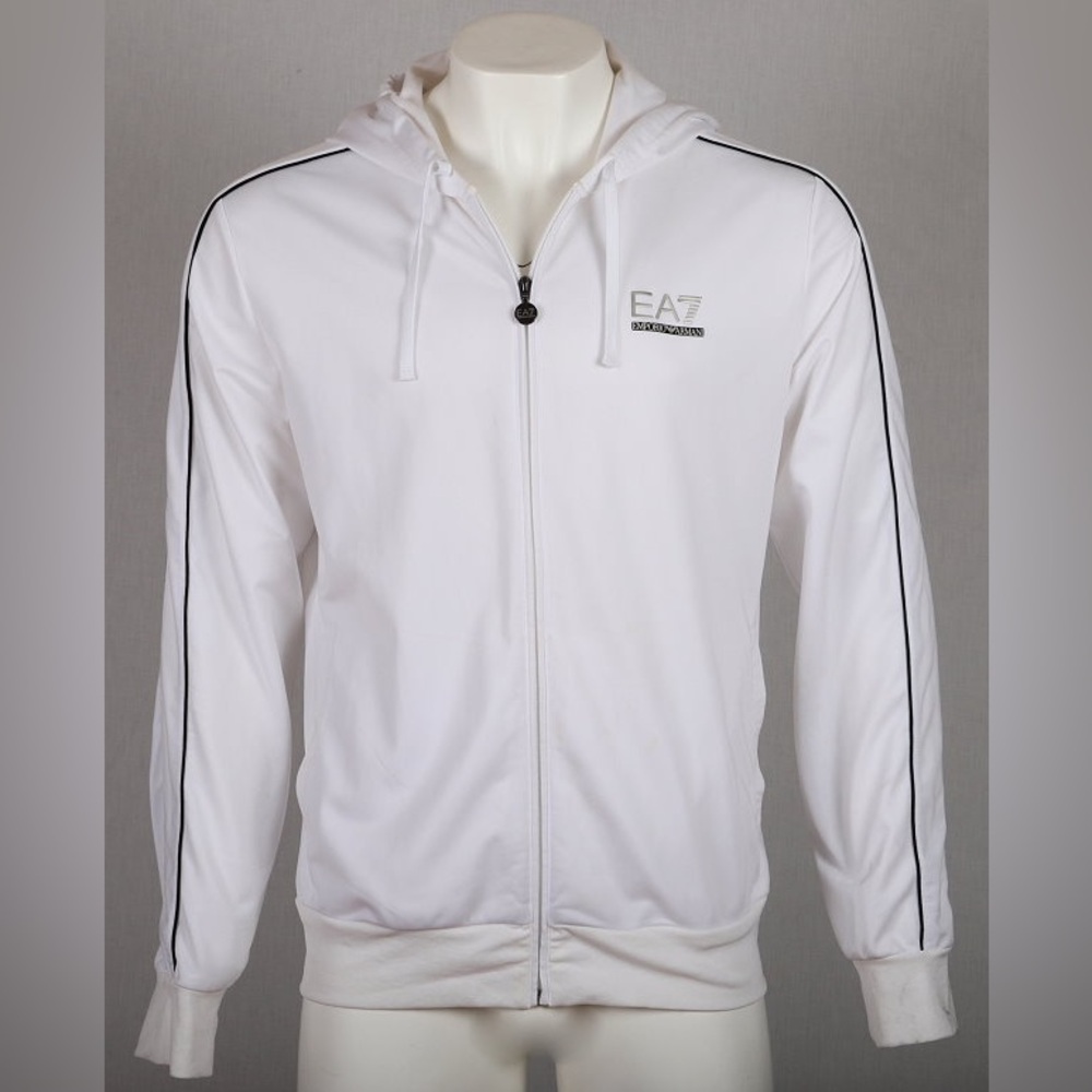 Emporio Armani White Hooded Zip Jacket with Black Piping 2XL